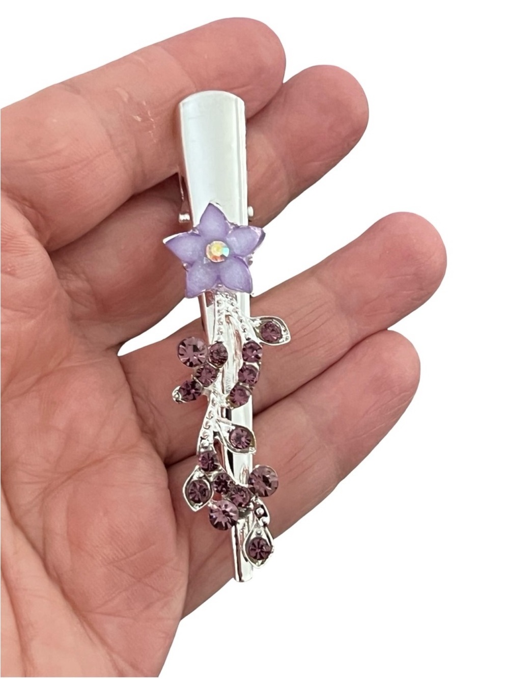 Silver Hair Clip with Lavender Flower and Purple Crystals - Women Jewelry